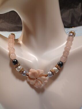 Rose Quartz, Black & Silver Pearl and Carved MOP Flower necklace